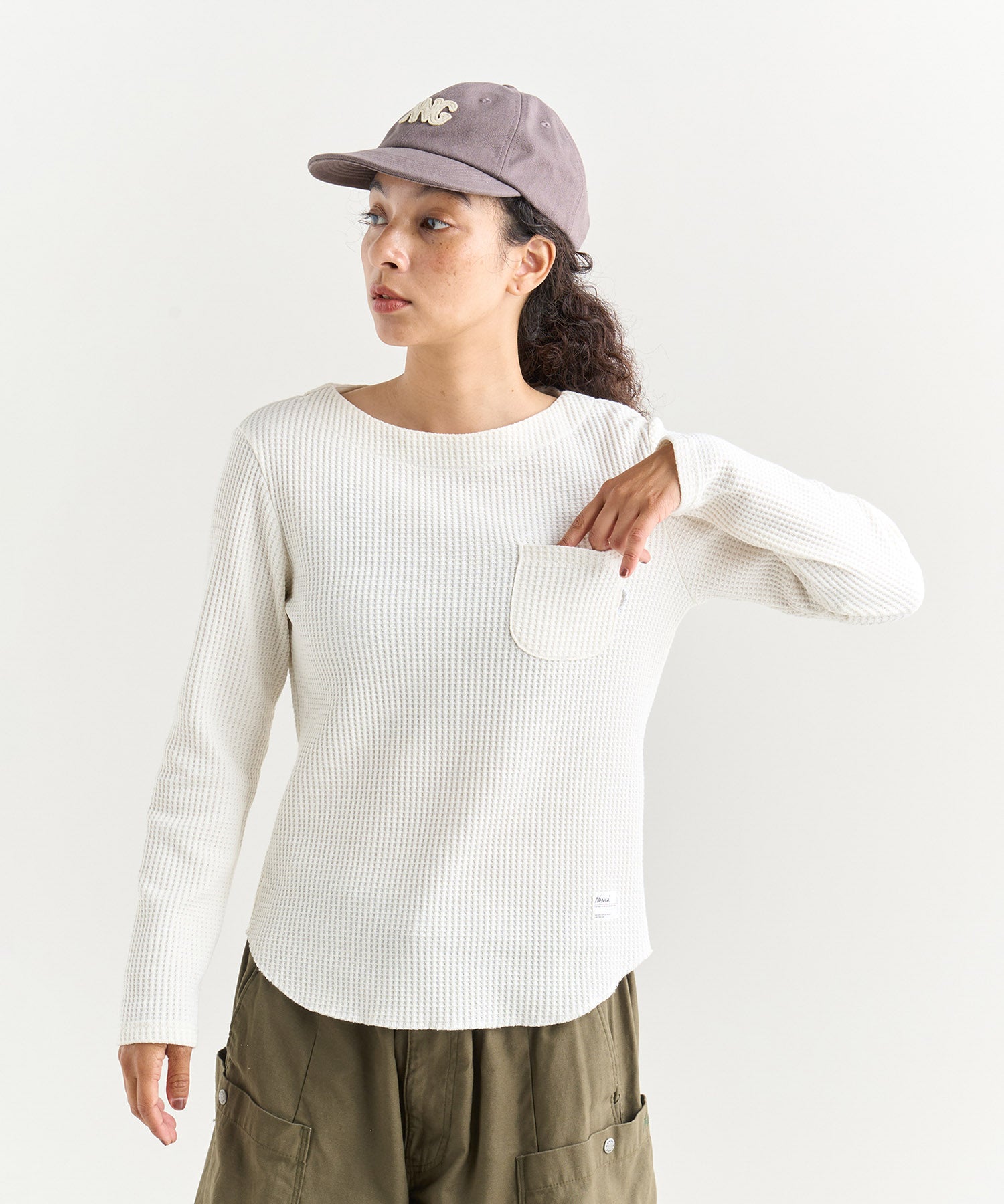 エコハイブリッド ワッフル ボートネック ロングスリーブTシャツ